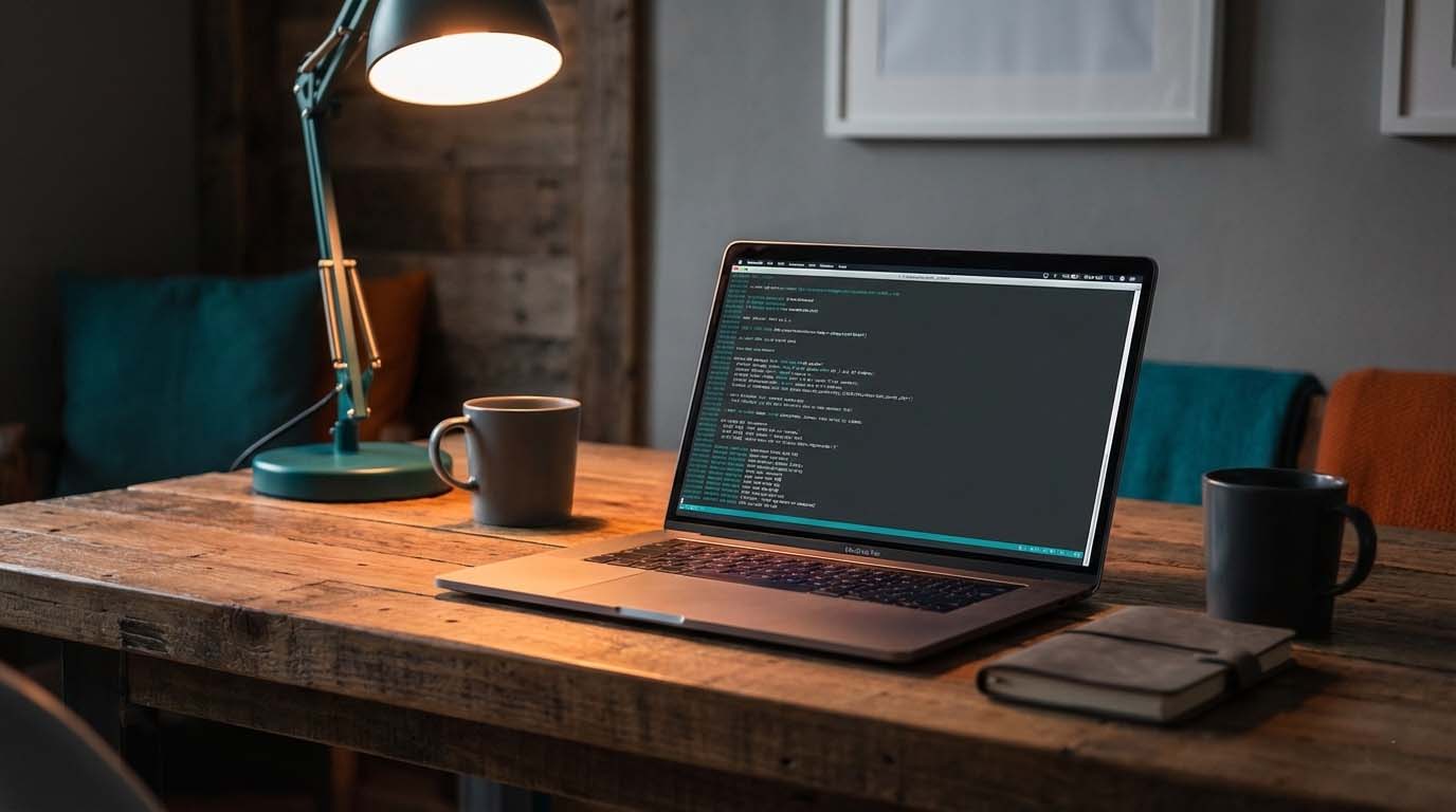 Laptop on a wooden desk displaying PHP code, illustrating a simple PHP development environment setup on Windows