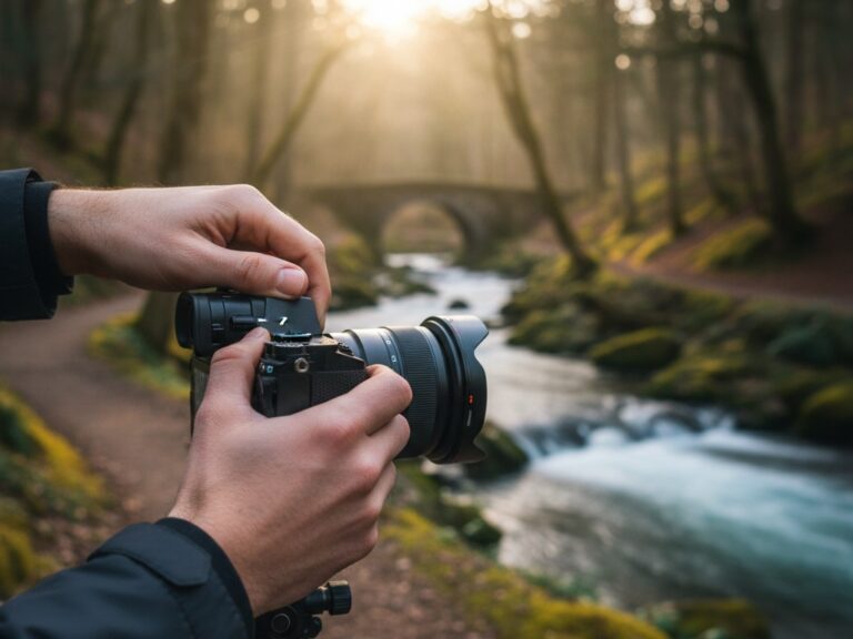 Camera on tripod adjusting exposure