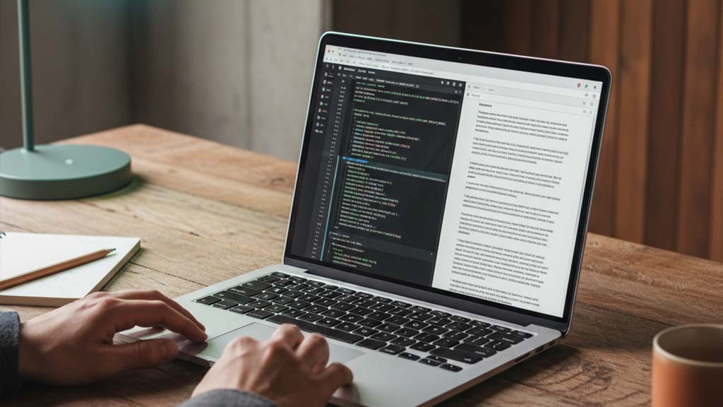 Person coding on a laptop at desk.