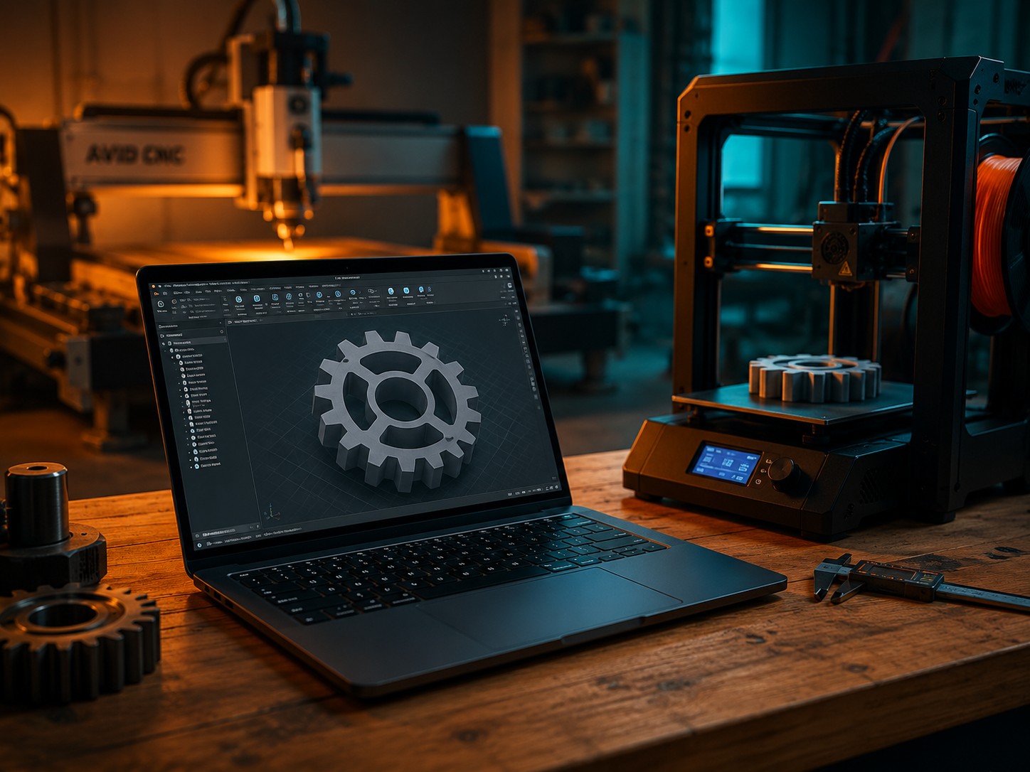 Laptop running fusion CAD with a 3D printer and CNC