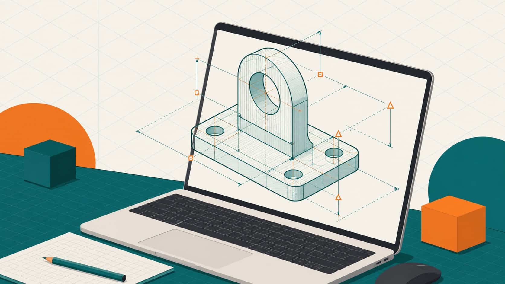 Isometric illustration of a 3D CAD wireframe model above a laptop in teal and orange